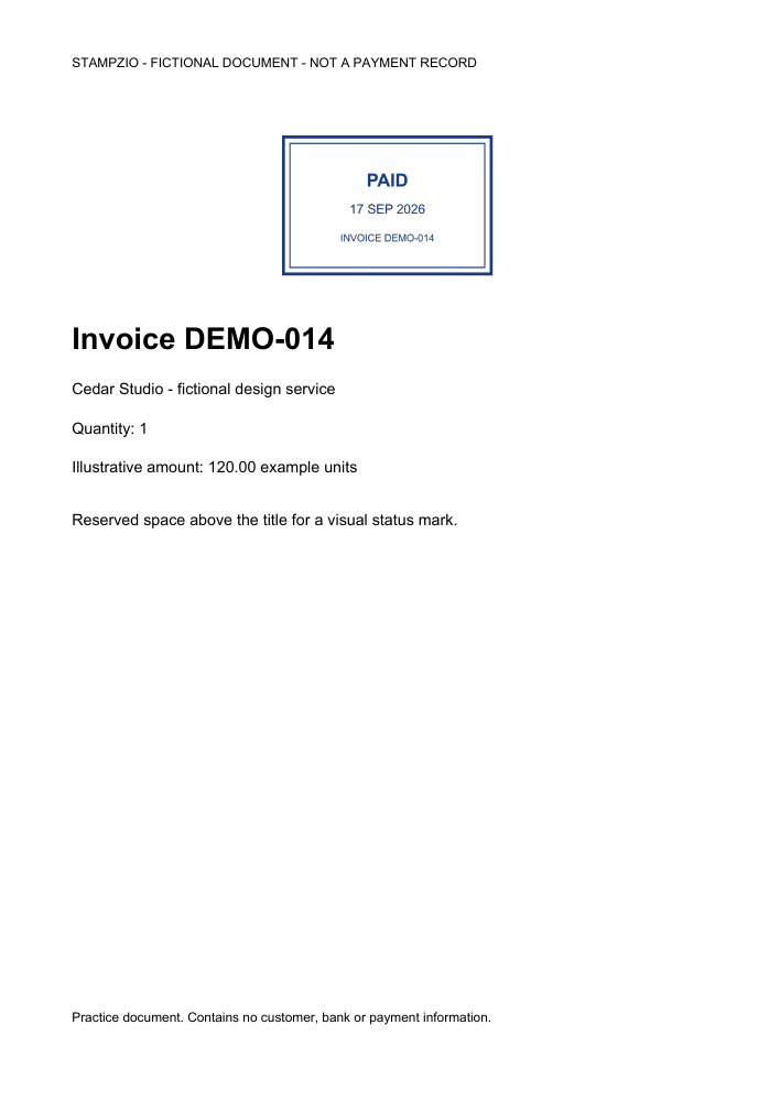 Rendered saved PDF with a Paid stamp above the fictional invoice title