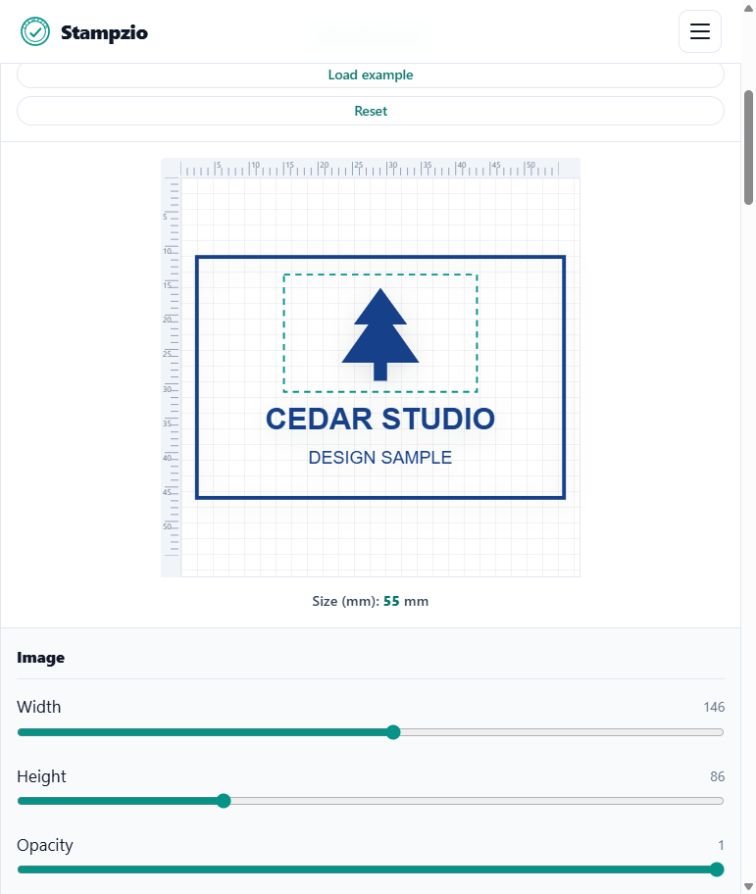 Actual English Stampzio editor with the cedar image selected and width and height controls visible