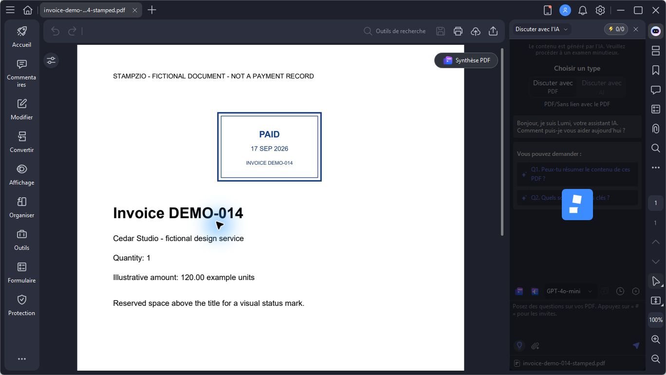 Actual PDFelement window showing the saved and reopened fictional invoice