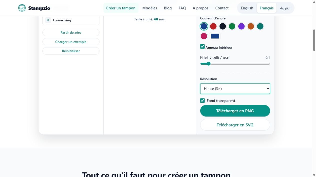 Options Stampzio : résolution Haute 3× et Fond transparent activé.